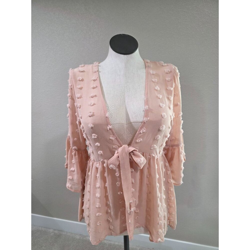 Kori America Pink Swiss Dot Textured Tie-Front Flowy Bell Sleeve Peplum Blouse T